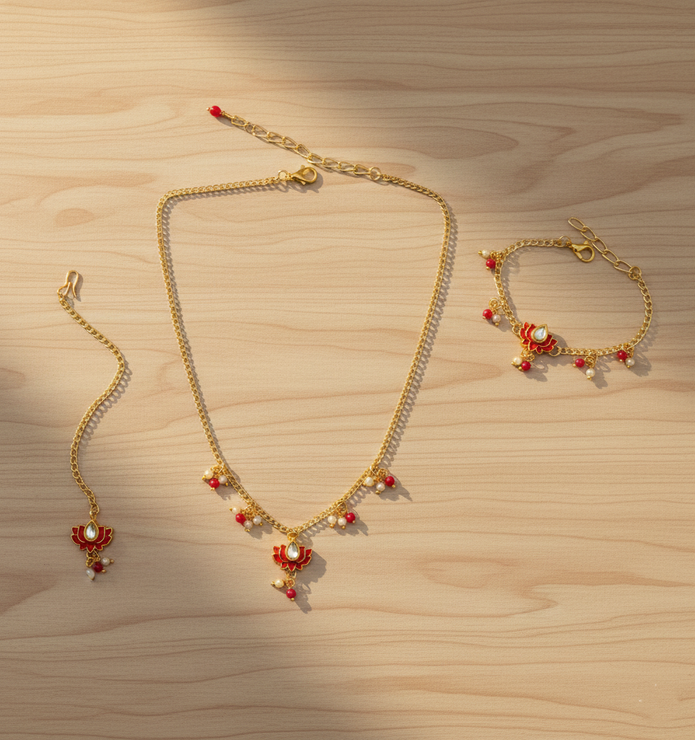 Kids Lotus Meenakari Lotus Necklace, Bracelet & Maang Teeka Set