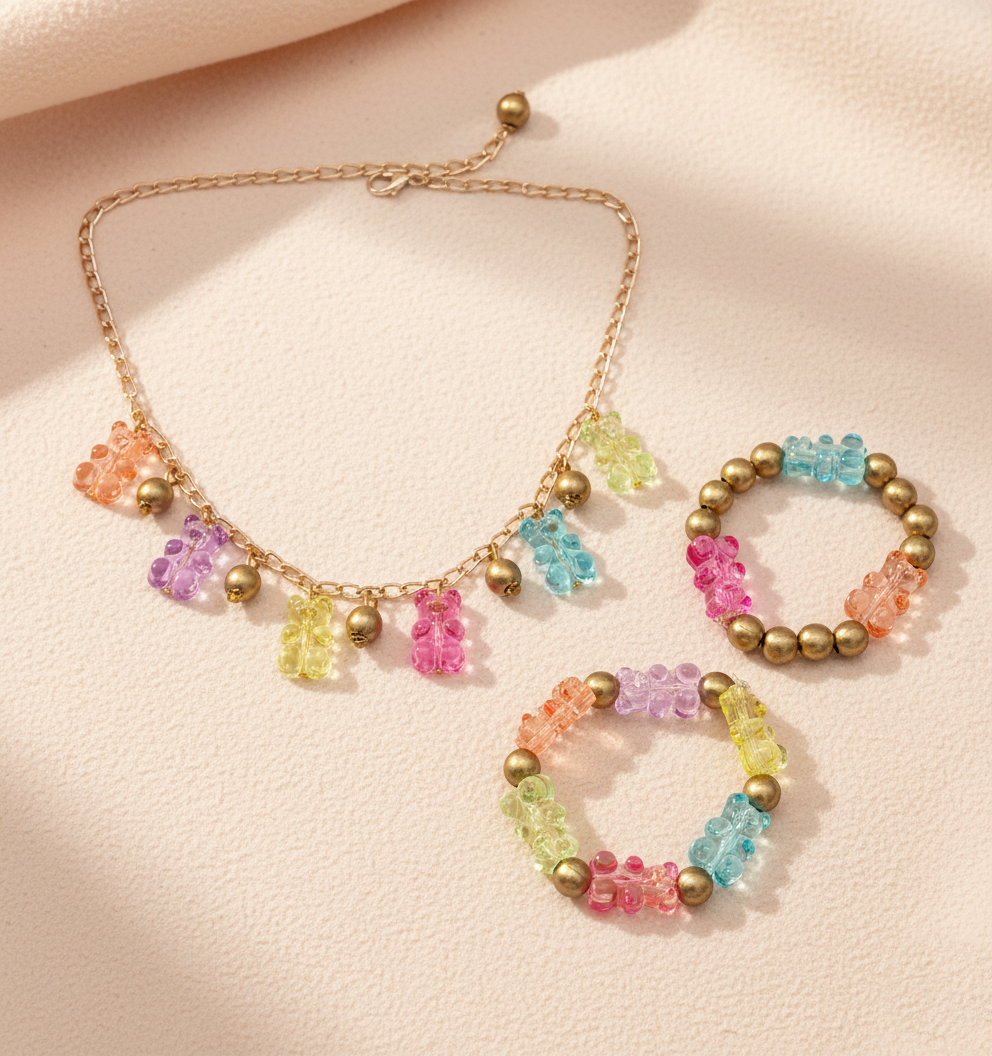 Kids Gummy Bear Beads Embellished Necklace & 2 Bracelets Set