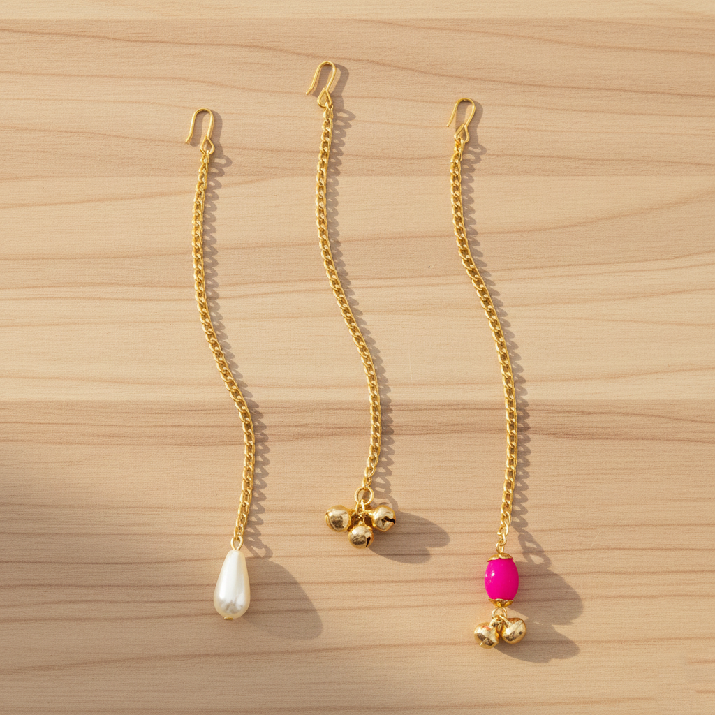 Kids Set Of 3 Pearls, Ghungroos & Stone Maang Teeka