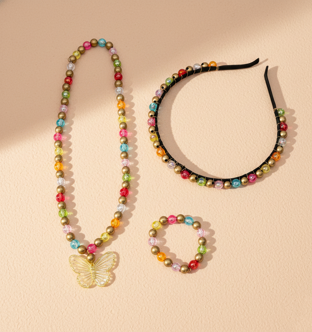 Image of Beaded Butterfly Pendant Necklace, Bracelet & Hairband Set