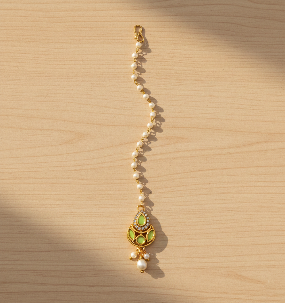 Kids Kundan & Crystals Drop Maang Teeka - Light Green