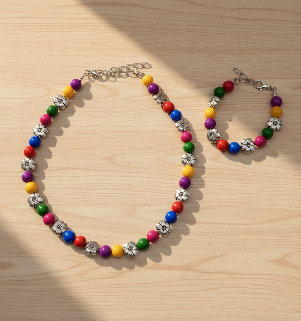 Kids Beaded Necklace & Bracelet Set- Multicoloured