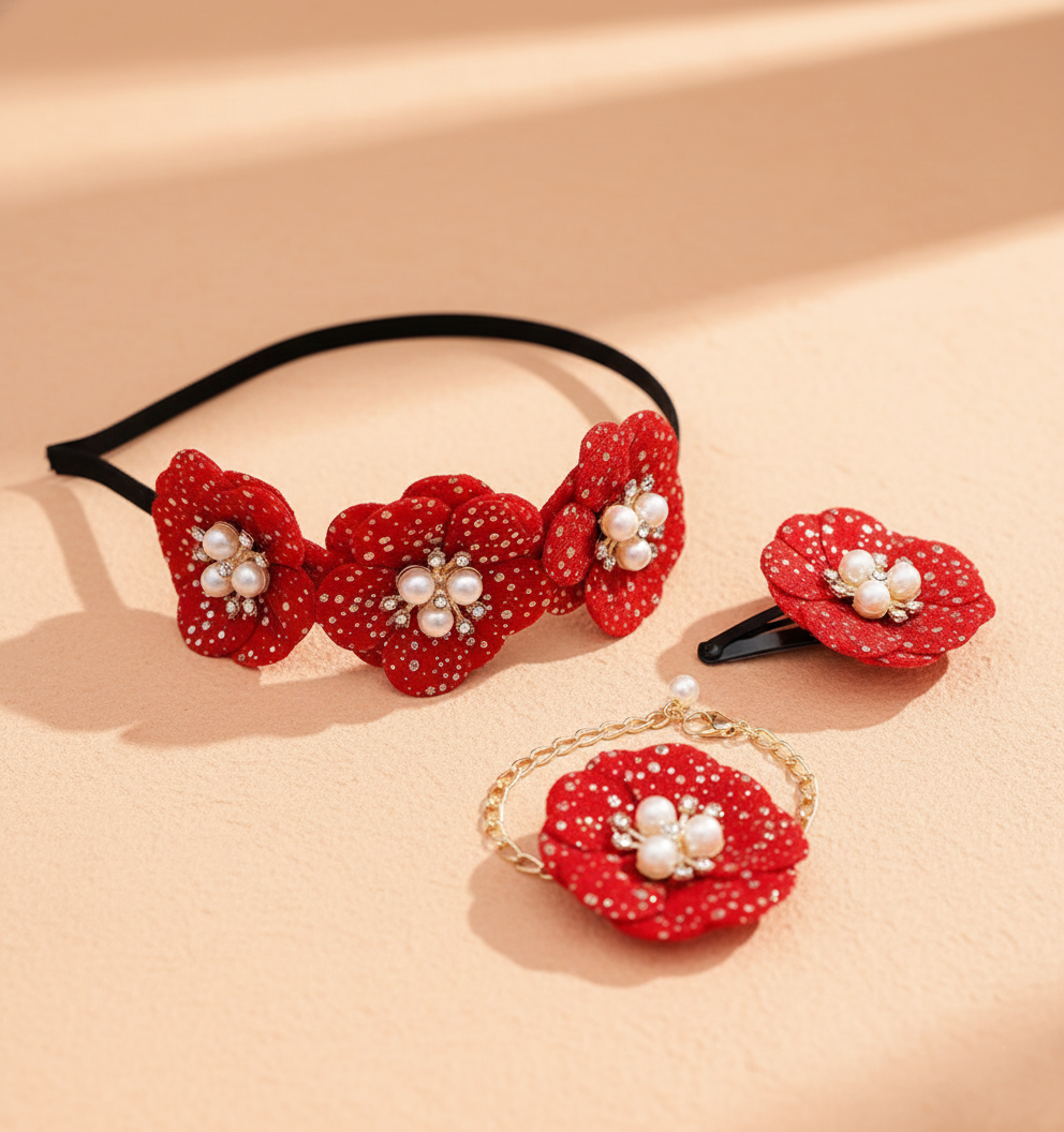 Kids Floral & Pearl Embellished Hairband, Bracelet & Hair Clip Set