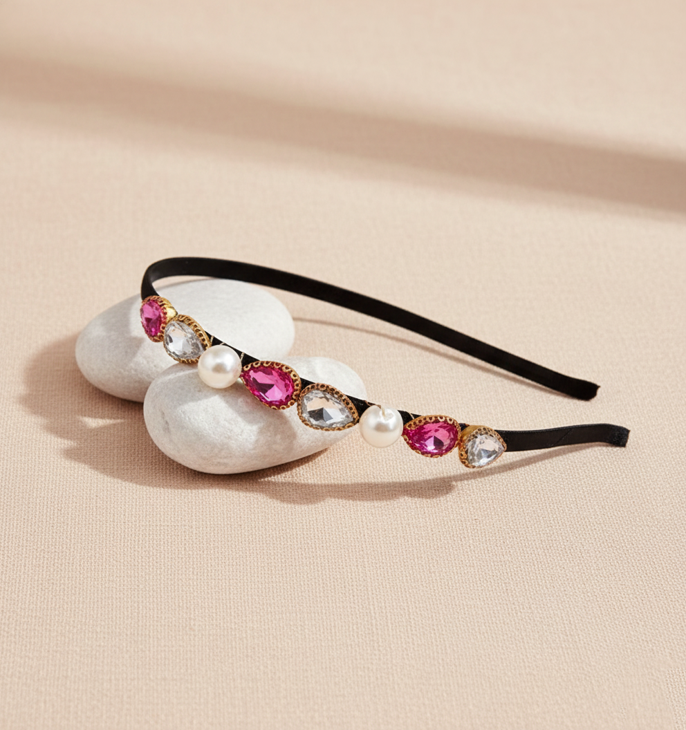 Kids Crystals & Pearls Jewelled Hairband - Dark Pink
