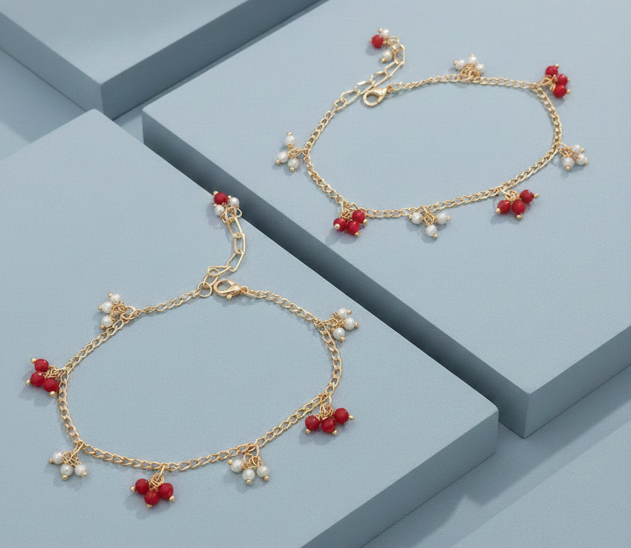 Image of Leheriya Kum-Kum Dangling Bead Anklets (Red)