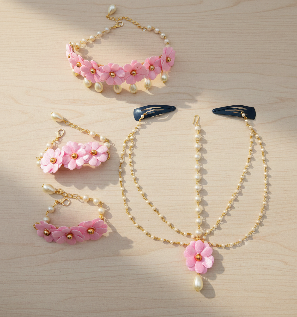 Kids Nargis Floral Head Chain, 2 Bracelets & Necklace Set - Light Pink