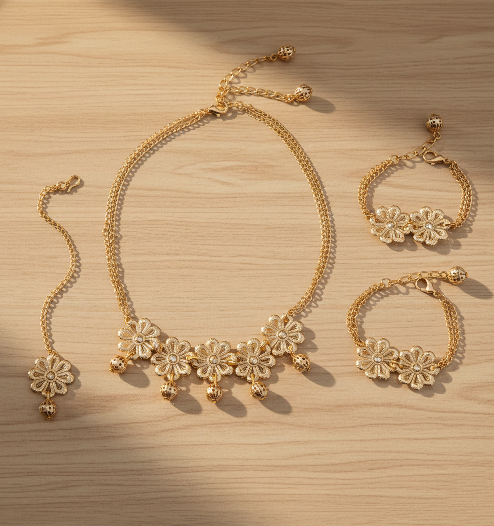 Kids Sunehri Filigree Floral Necklace, 2 Bracelets & Maang Teeka Set