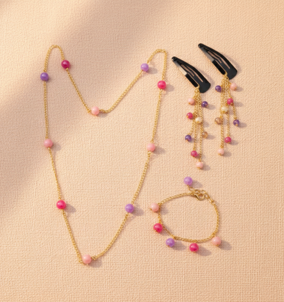 Kids Candy Dollies Bead Neck Chain, Bracelet & Hair Clips Set - Mauve