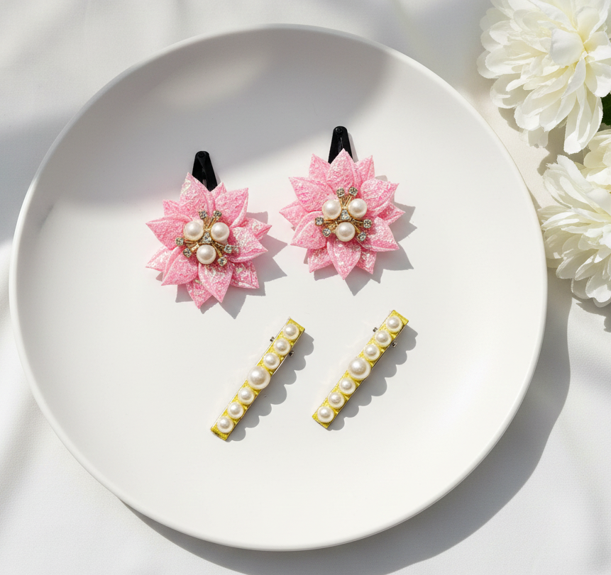 Kids Floral Pearly 2 Pairs Of Hair Clips - Pink