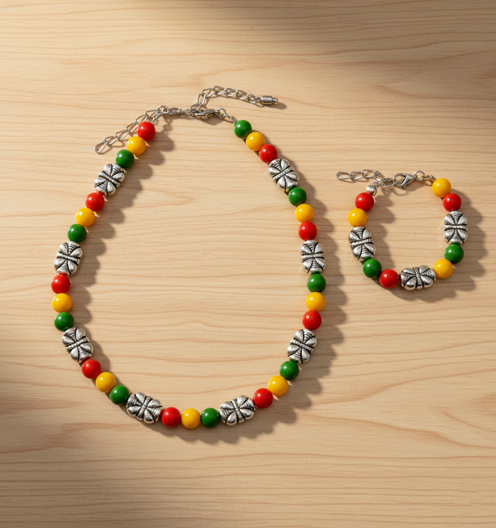 Kids Beaded Necklace & Bracelet Set- Red & Yellow