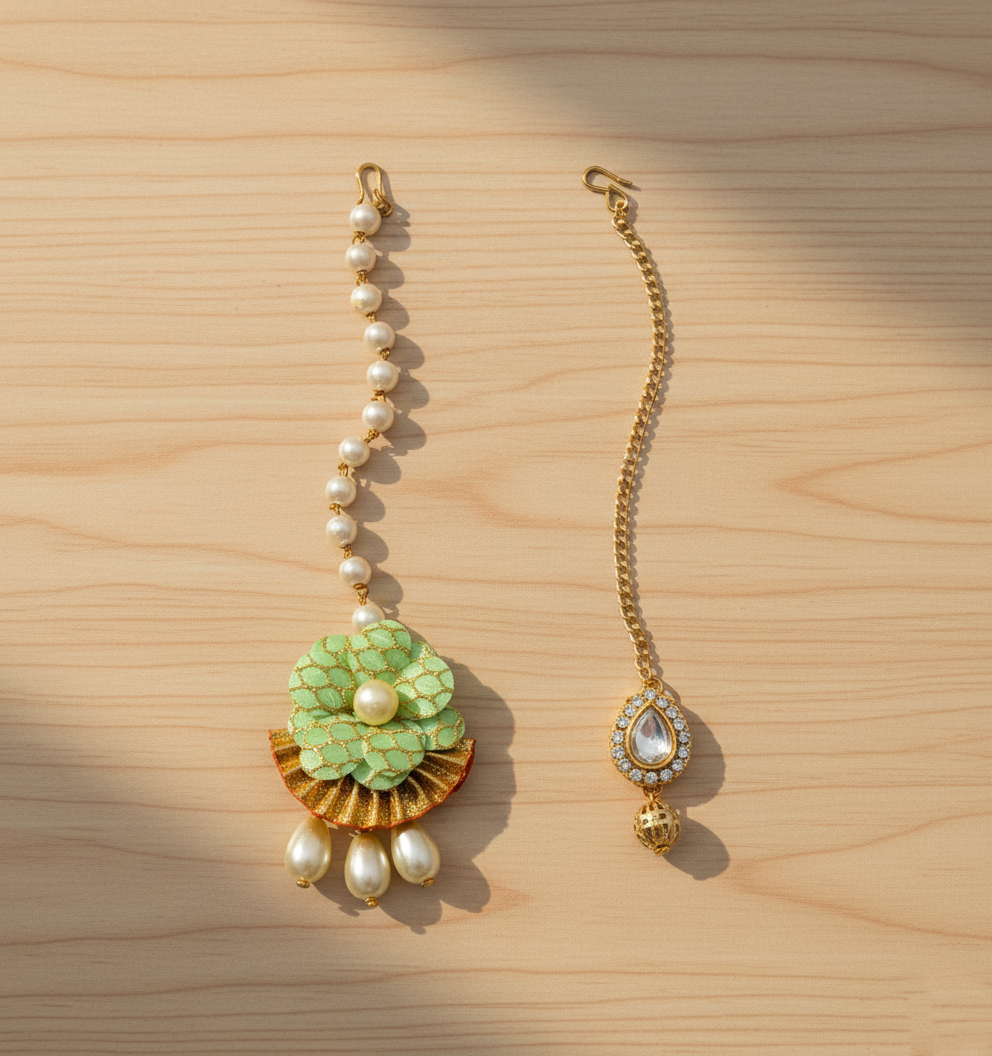 Kids Set Of 2 Floral Gota & Kundan Maang Teeka