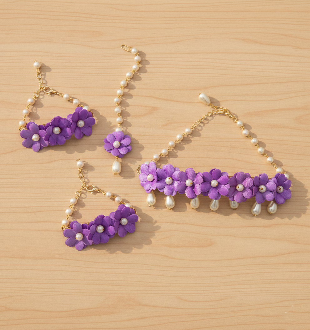 Lavanya Floral Necklace, 2 Bracelets & Maang Teeka Set - Lilac