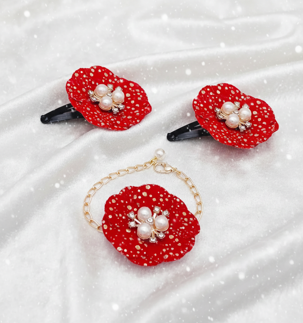 Kids Glam Flower & Pearl Applique Hair Clips & Bracelet Set