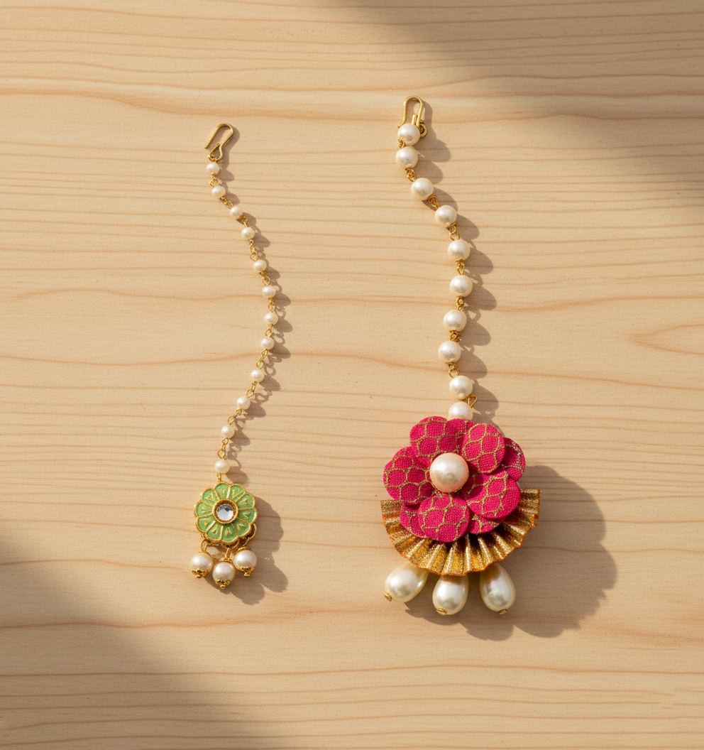 Kids Set Of 2 Floral Gota & Meenakari Maang Teeka