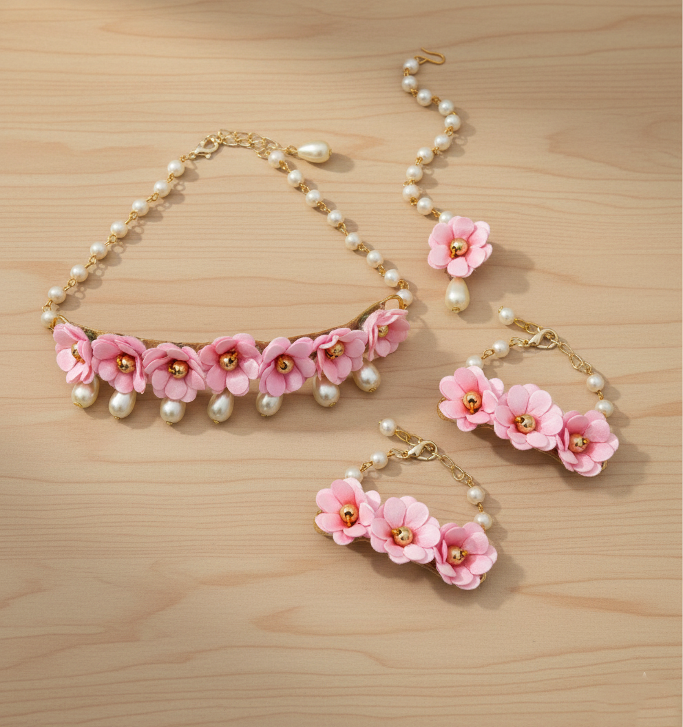 Kids Lavanya Floral Necklace, 2 Bracelets & Maang Teeka Set - Light Pink