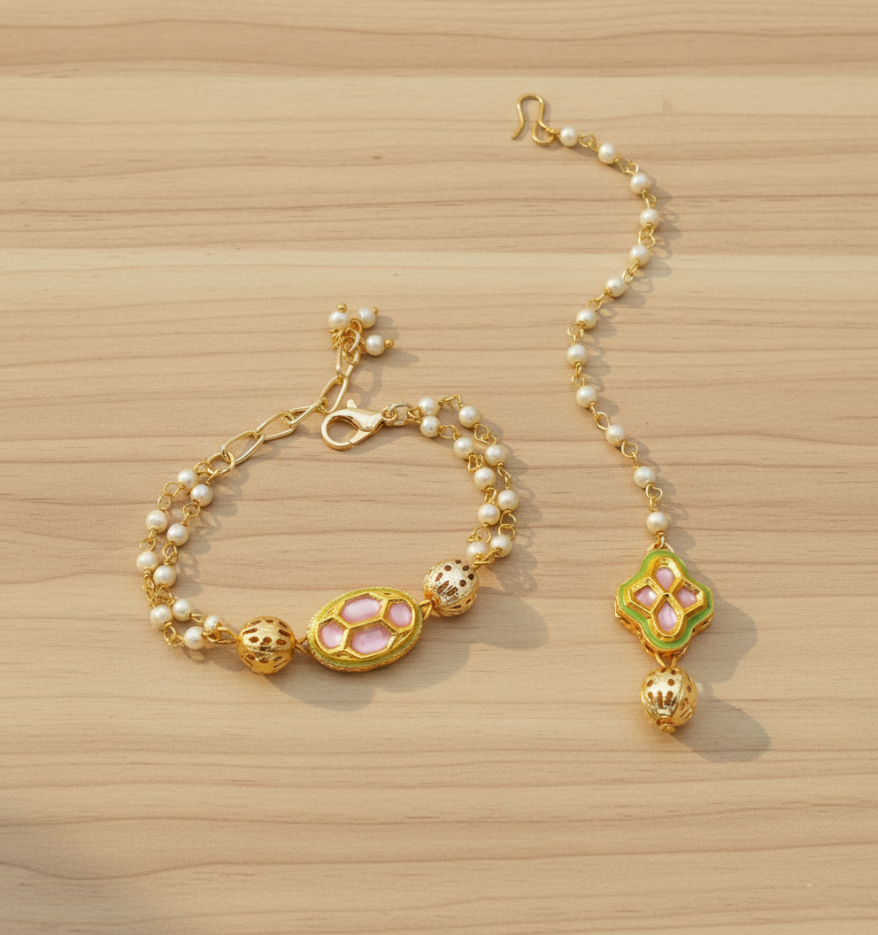 Kids Misaal Kohinoor Kundan Maang Teeka & Bracelet Set - Pink