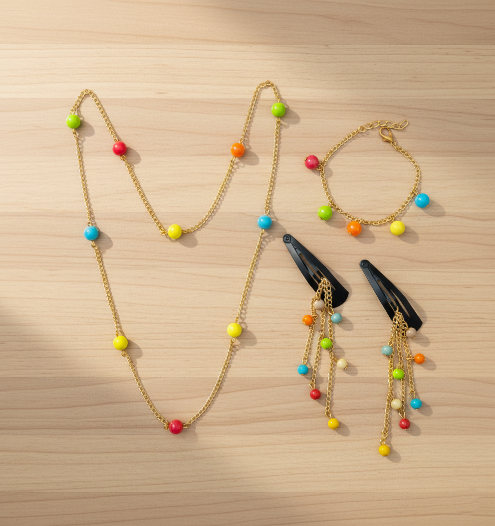 Kids Candy Dollies Bead Neck Chain, Bracelet & Hair Clips Set - Multicolor