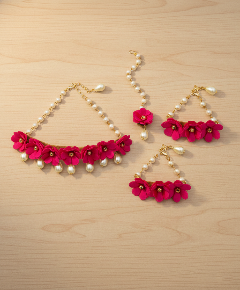 Lavanya Floral Necklace, 2 Bracelets & Maang Teeka Set - Magenta