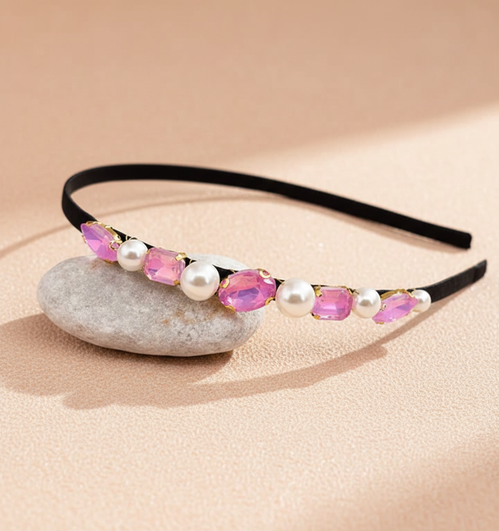 Kids Crystals & Pearls Jewelled Hairband - Light Pink