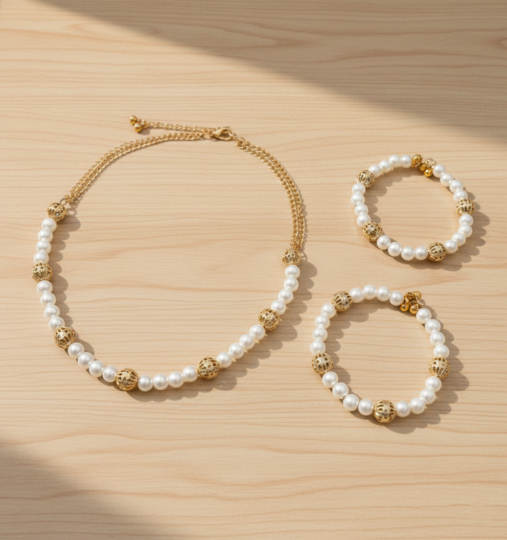 Kids Pearl Choker Necklace & 2 Bracelets Set