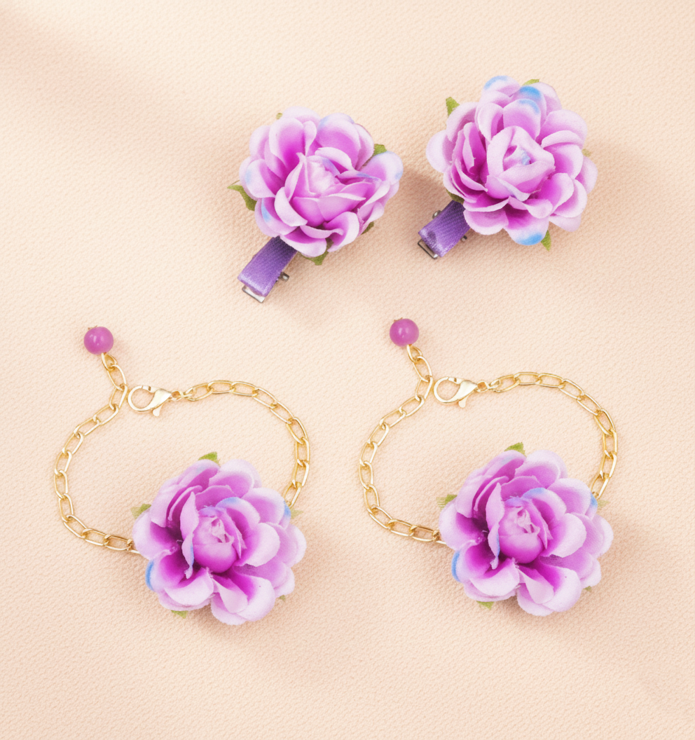 Kids Daisy Baby Floral Alligator Clips & 2 Bracelets Set - Lavender