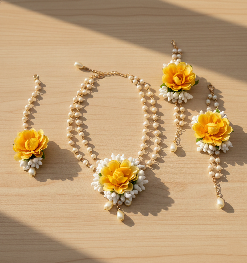 Kids Flower Garden Necklace, 2 Bracelets & Maang Teeka Set - Yellow