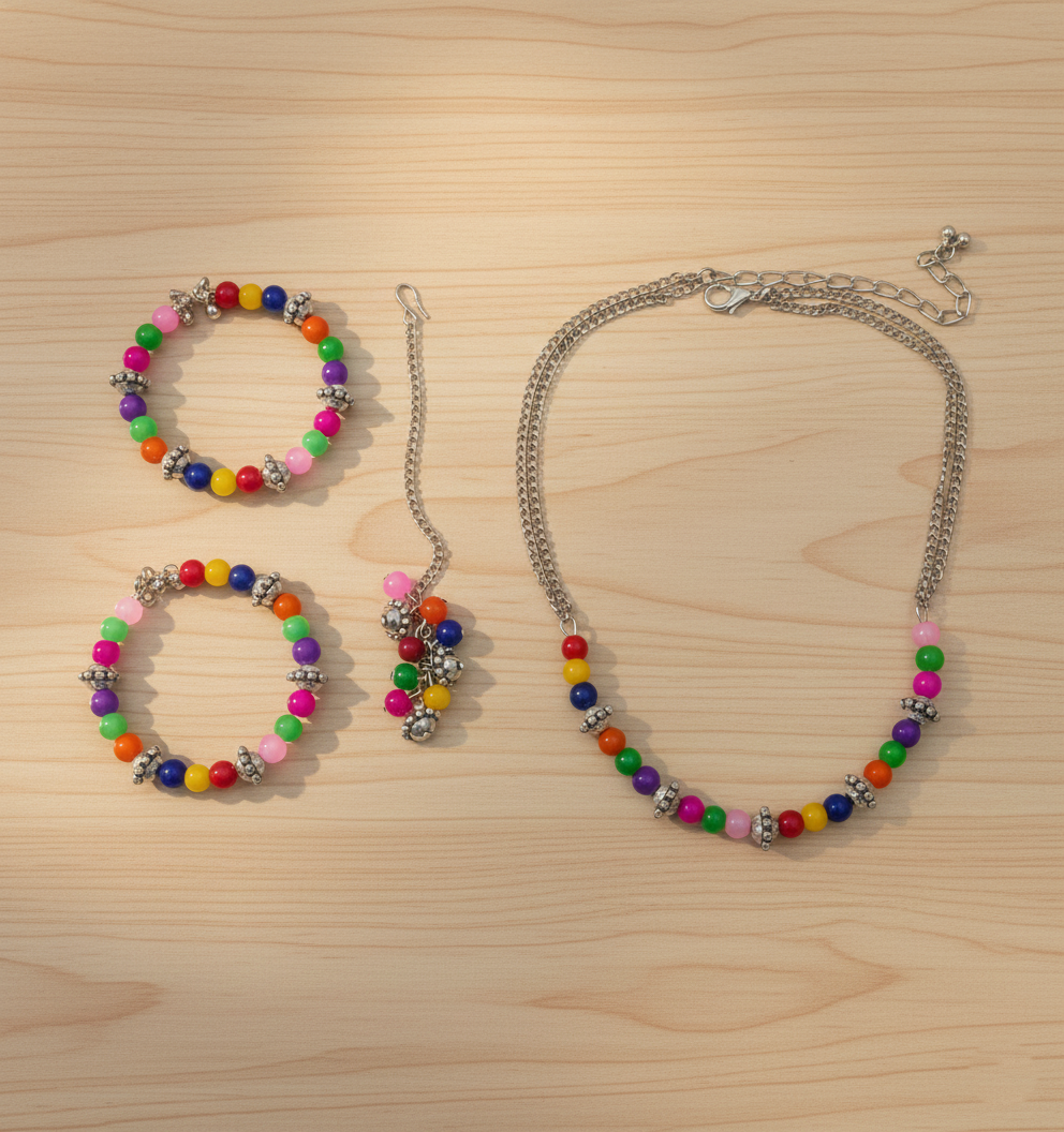 Kids Rangeen Beaded Choker, 2 Bracelets & Maang Teeka Set - Multicolour