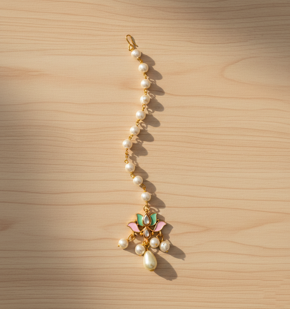 Lotus Meenakari & Pearl Drop Maang Teeka- Light Pink, Green