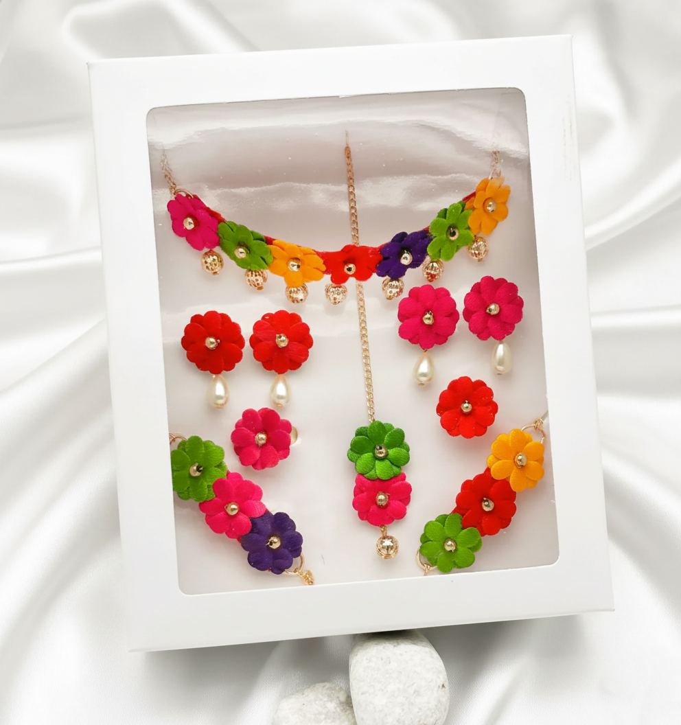 Image of Gift Set Of Rangeen Floral Necklace, 2 Bracelets, Maang Teeka, 2 Pairs Clip on Earrings, 2 Finger Rings