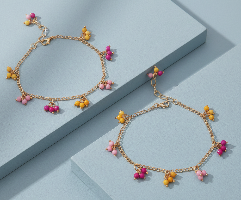 Kids Leheriya Kum-Kum Dangling Bead Anklets (Yellow)