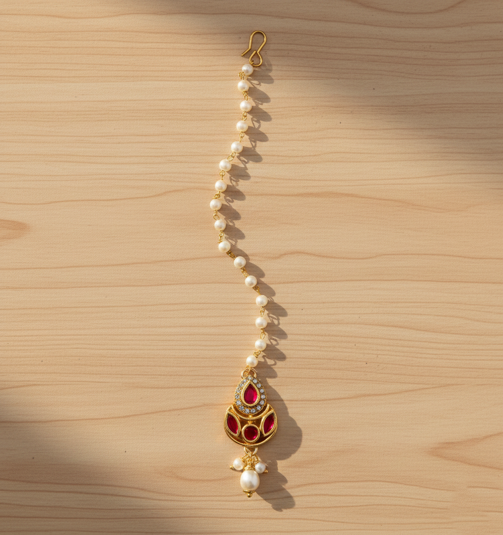 Kundan & Crystals Drop Maang Teeka- Dark Pink