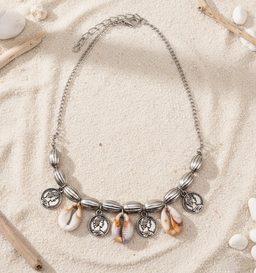 Kids Navratri Shell & Coin Necklace - Oxidised Silver