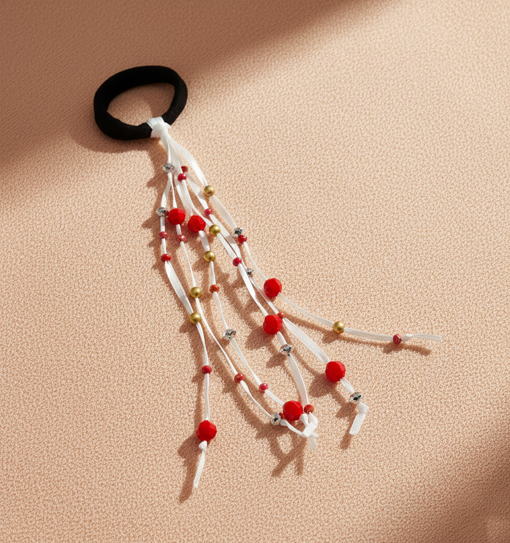 Kids Beaded Dangling Ribbons Rubberband