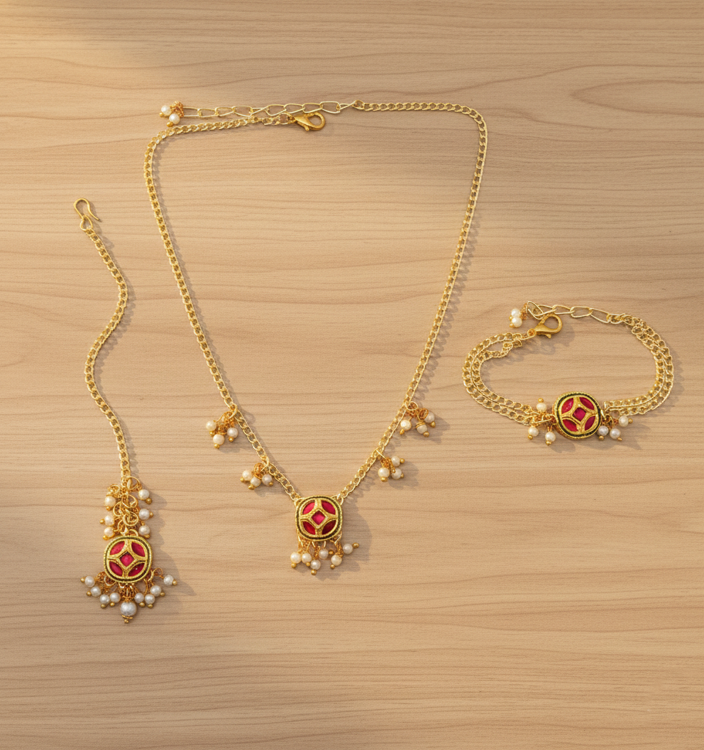 Kids Saba Kundan & Pearl Detailed Necklace, Bracelet & Maang Teeka Set (Dark Pink)