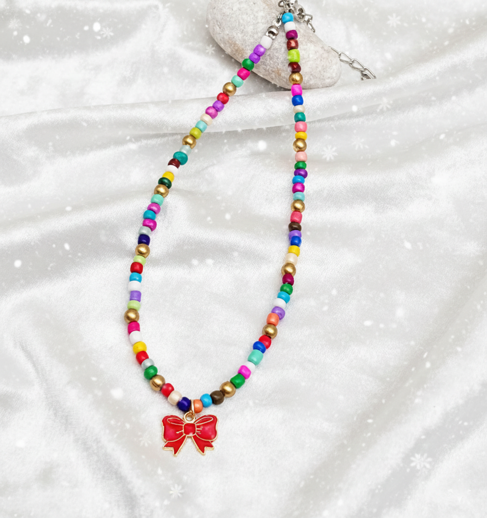 Kids Bow Charm Beaded Necklace- Multicoloured