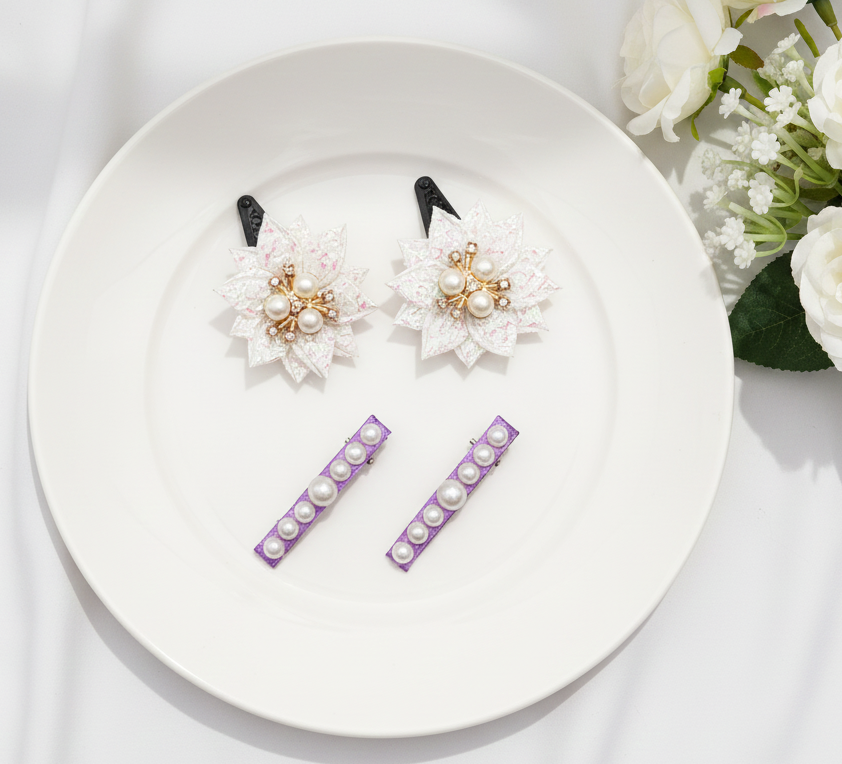 Kids Floral Pearly 2 Pairs Of Hair Clips - Off white