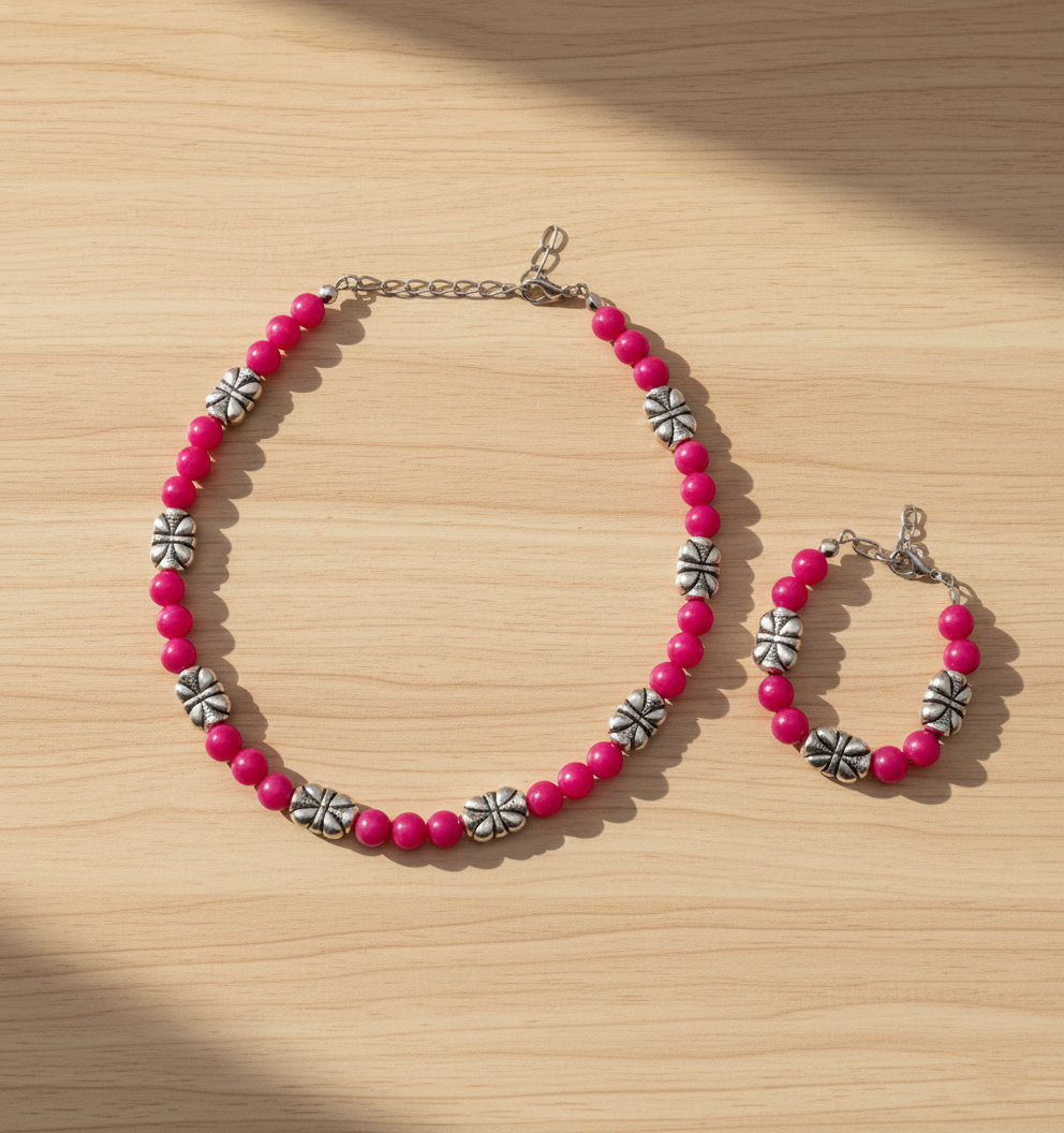 Kids Navratri Beaded Necklace & Bracelet Set- Dark pink & Oxidised Silver