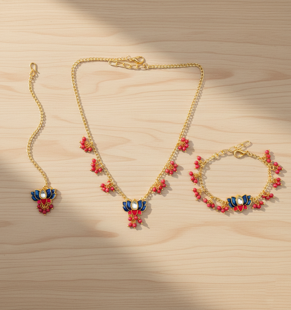 Kids Lotus Meenakari Lotus Necklace, Bracelet & Maang Teeka Set (Blue)