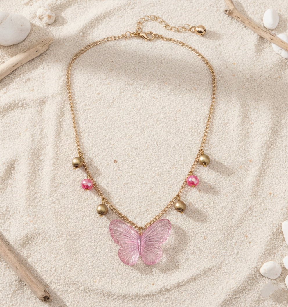 Kids Butterfly Pendant Necklace - Light Pink