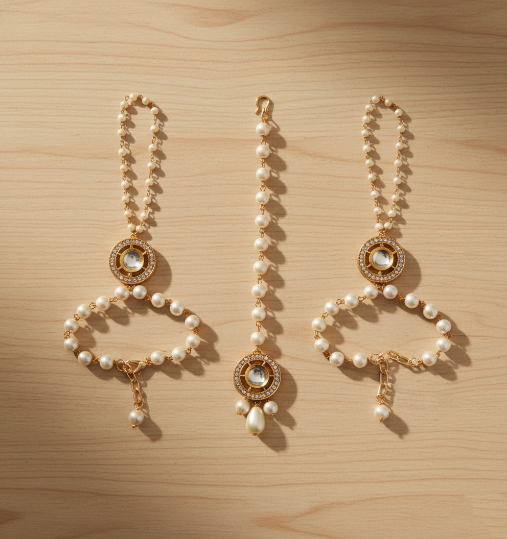 Kids Kayra Kundan & Crystals Haathphools & Maang Teeka Set