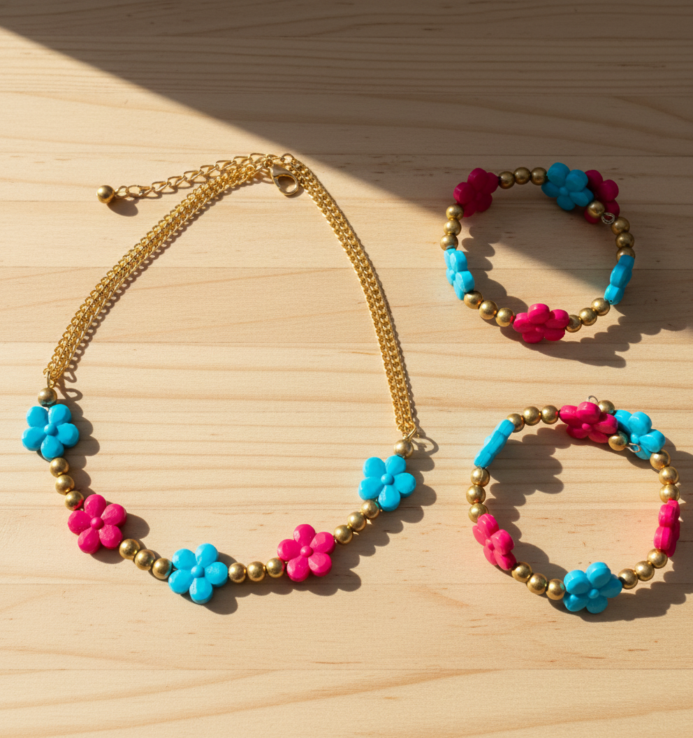 Kids Flower Beads Detailed Necklace & 2 Bracelets Set (Ferozi Blue)