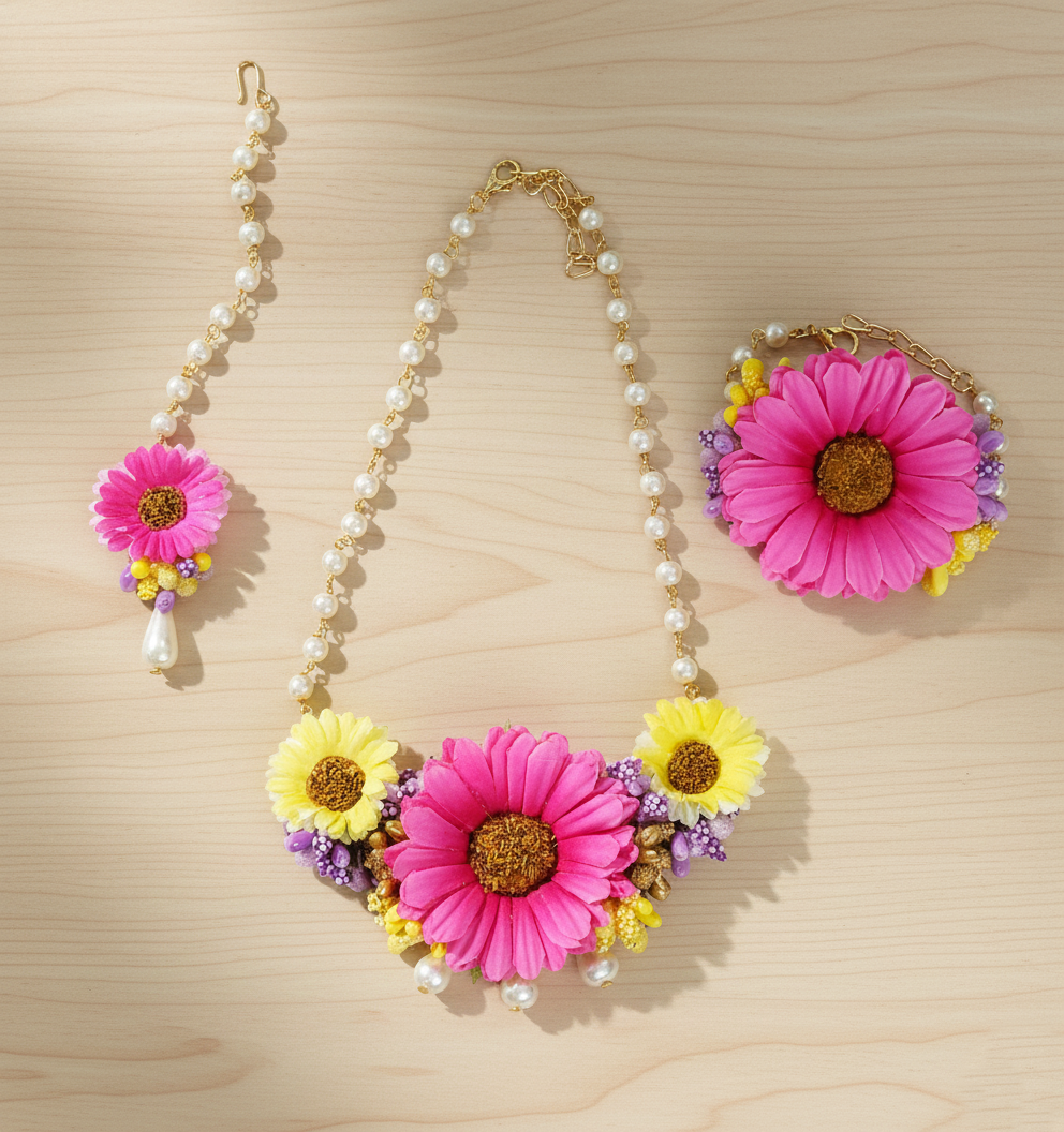 Kids Sunflower Floral Set of Necklace, Bracelet, Maang Teeka
