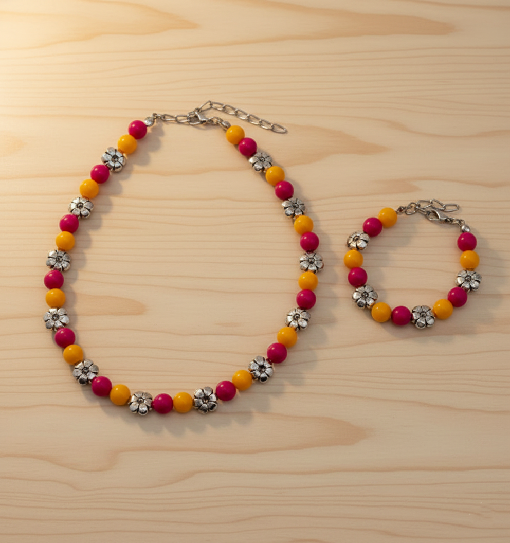 Kids Beaded Necklace & Bracelet Set- Dark Pink, Yellow