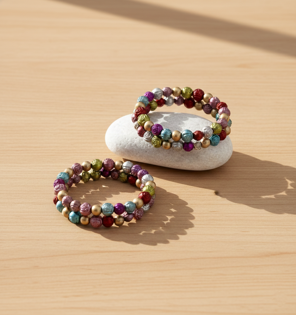 Kids Rose Carved Metallic Beads Detailed Bracelet Set of 2