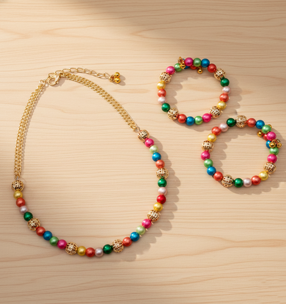 Kids Navrang Beaded Choker, 2 Bracelets & Maang Teeka Set- Multicolour