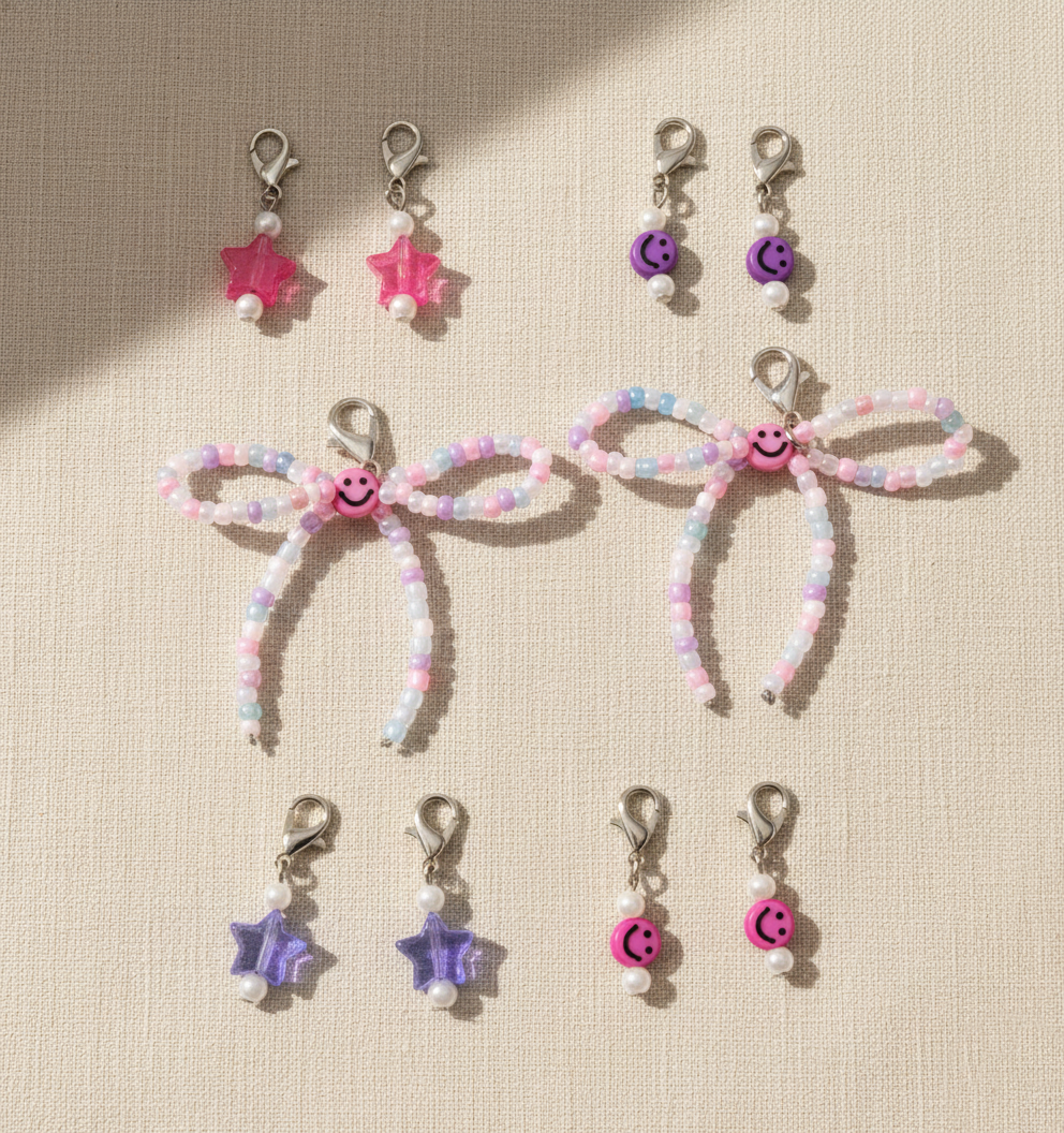 Kids Smiley & Charms Beaded Bows Shoe Charms Set