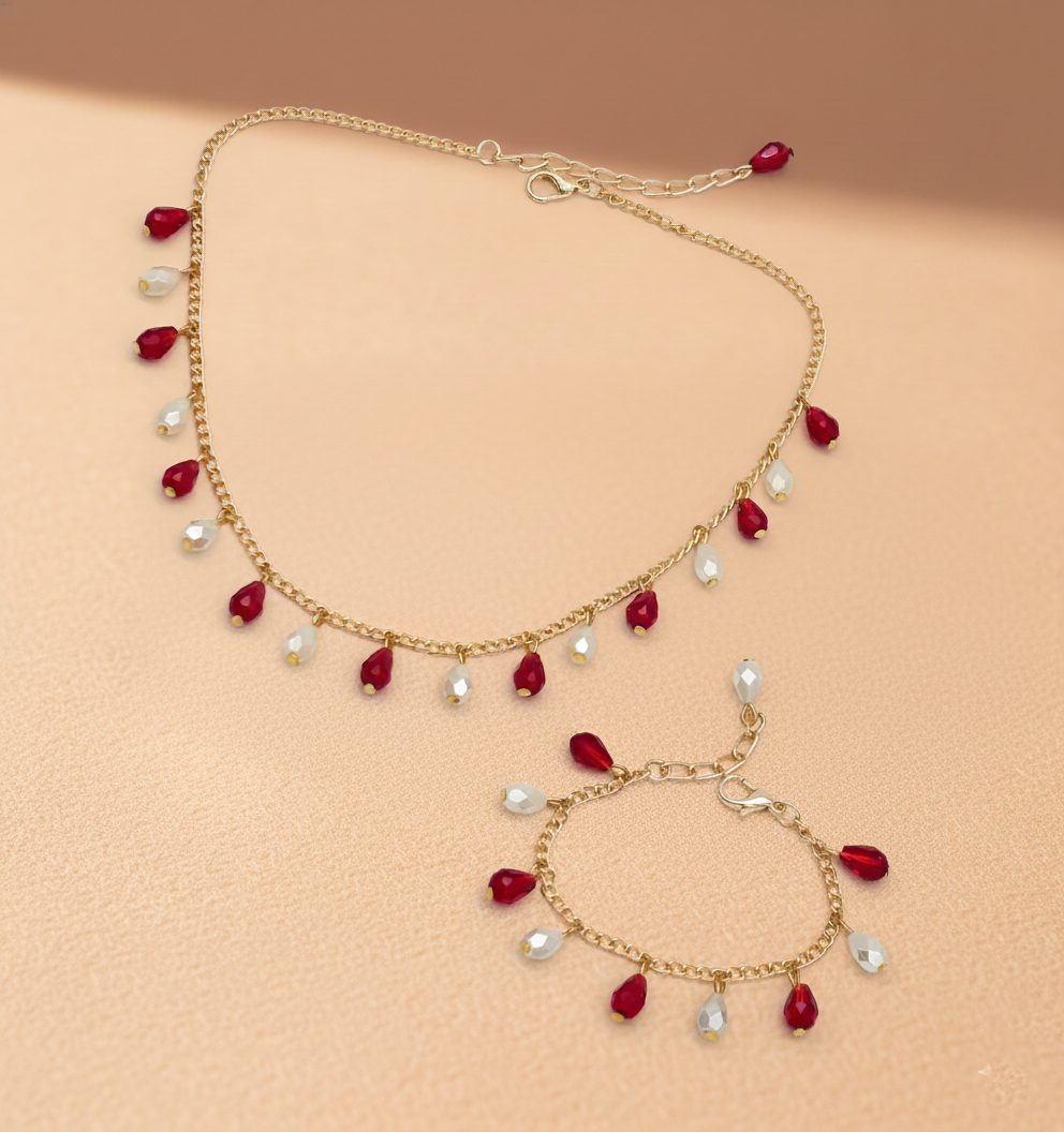 Dangling Pearls & Crystals Necklace & Bracelet Set