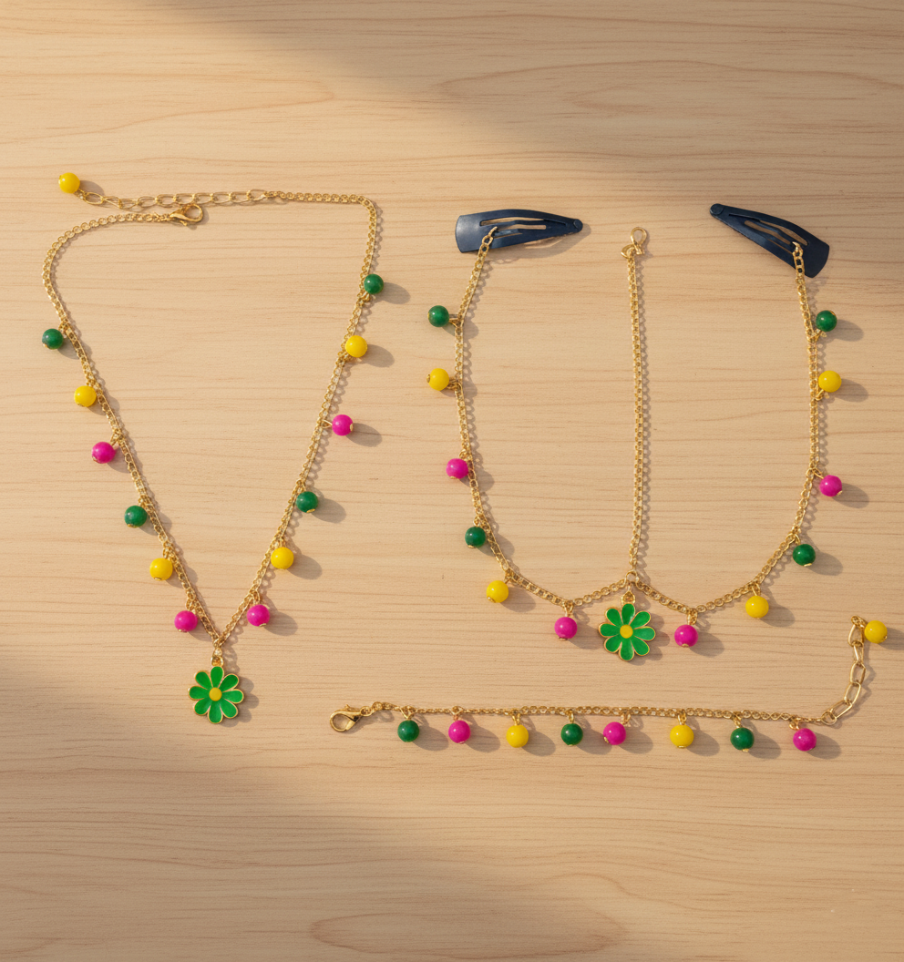 Kids Daffodil Charms Necklace, Bracelet & Head Chain Set