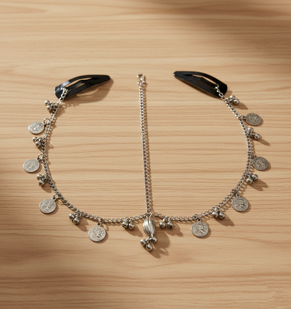 Kids Coins & Dangling Beads Detailed Head Chain- Oxidised Silver