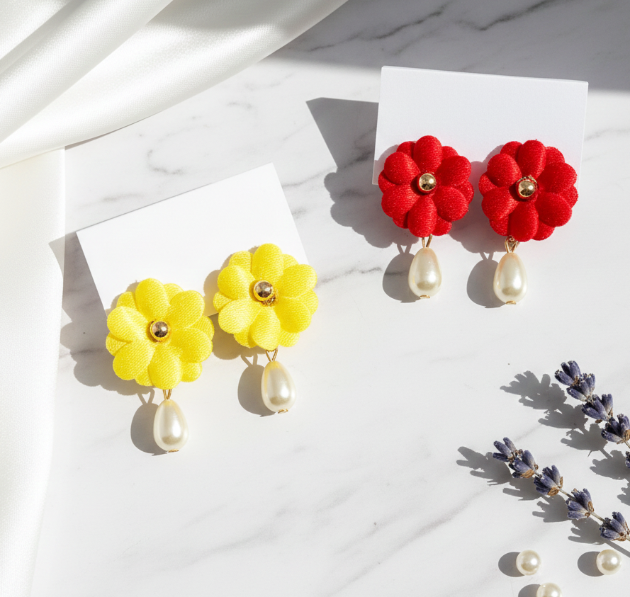 Kids Set of 2 Floral Clip-On Earrings with Pearl Drop